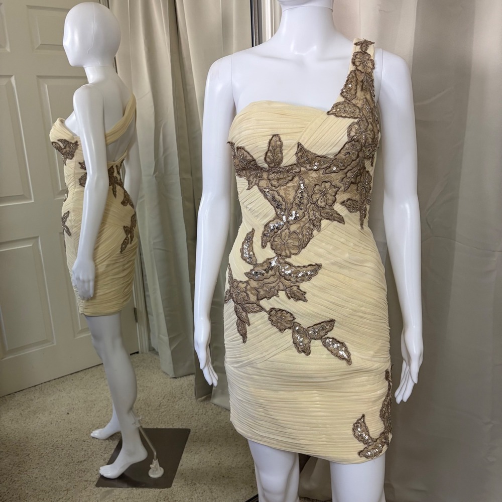 Sue Wong One Shoulder Cream Champagne Sequin Lace Pleated Cocktail Mini Dress